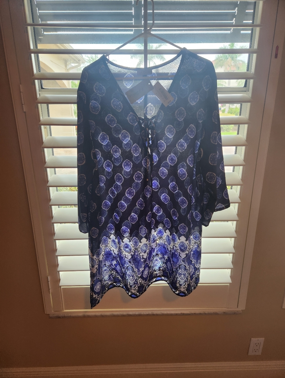 Bathsuit Cover Up.  Blue and White with v-neck lace up front